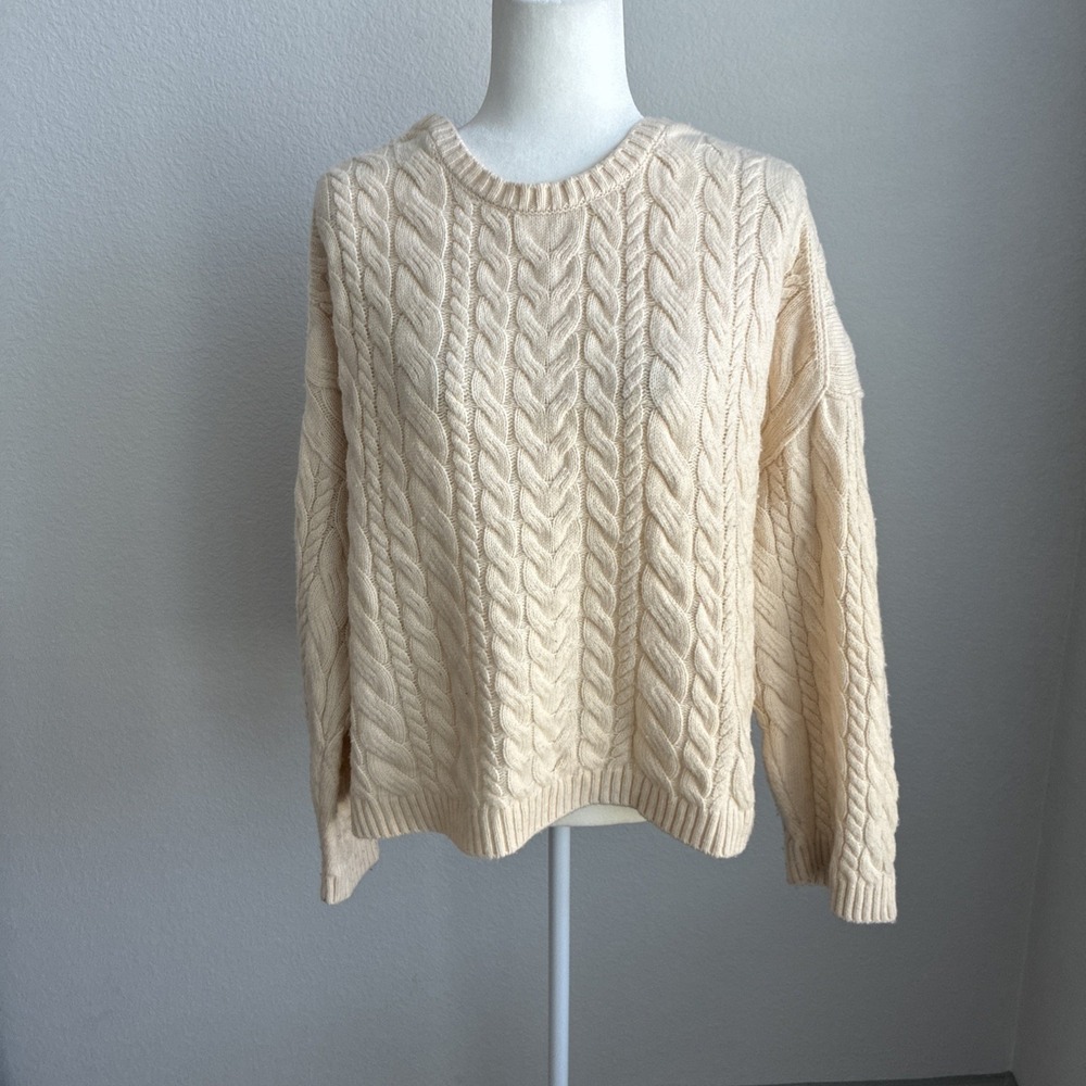 J.Crew Womens Cable Knit Lambswool Blend Sweater XL Cream Chunky Fisherman Cozy
